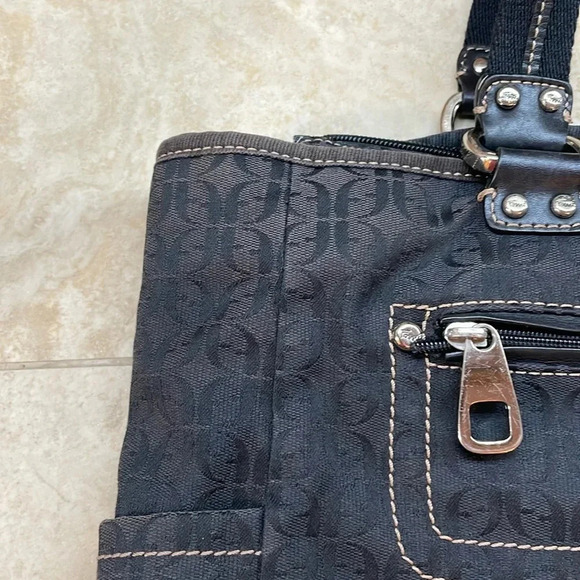 Fossil Modern Vintage Black Logo Fabric Tote Bag Canvas Straps Women’s Pocket - Picture 10 of 16